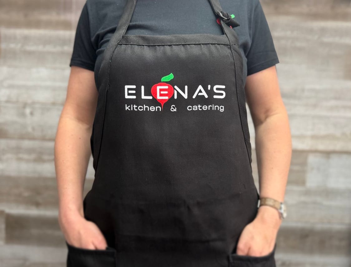 Embroidered Elena's Kitchen & Catering apron by Art Printing Vehicle Wraps, Sacramento
